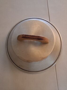Vintage Stainless Steel Pot Lid with Wooden Handle - Silver and Brown